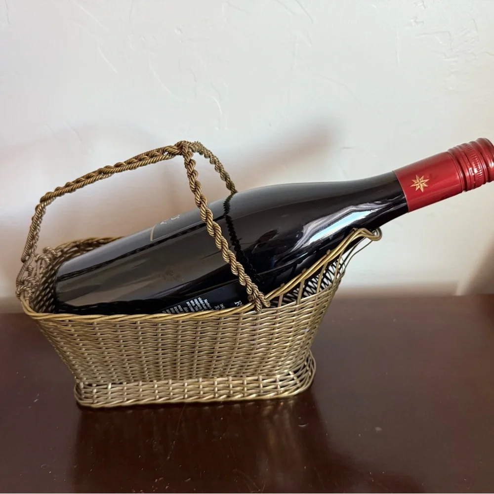 Antique French Brass Gold‎ Woven Basket wine holder caddy